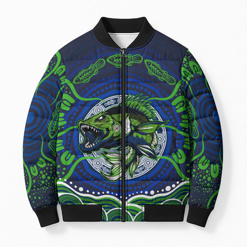 Personalised Barramundi Fishing Bomber Puffer Jacket Aboriginal Dot Art Fierce Fish