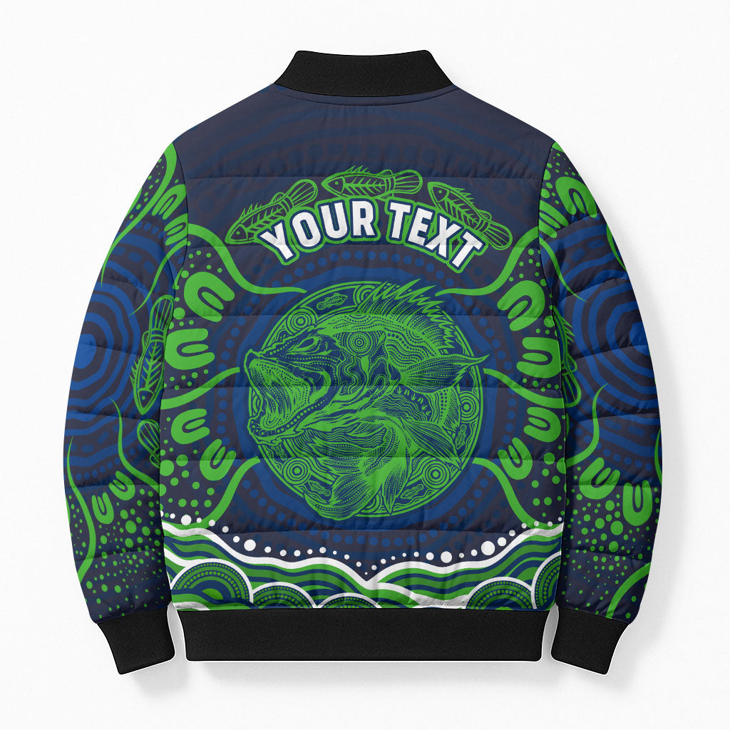 Personalised Barramundi Fishing Bomber Puffer Jacket Aboriginal Dot Art Fierce Fish