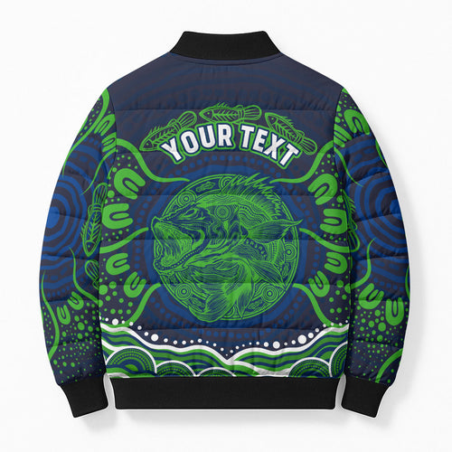 Personalised Barramundi Fishing Bomber Puffer Jacket Aboriginal Dot Art Fierce Fish