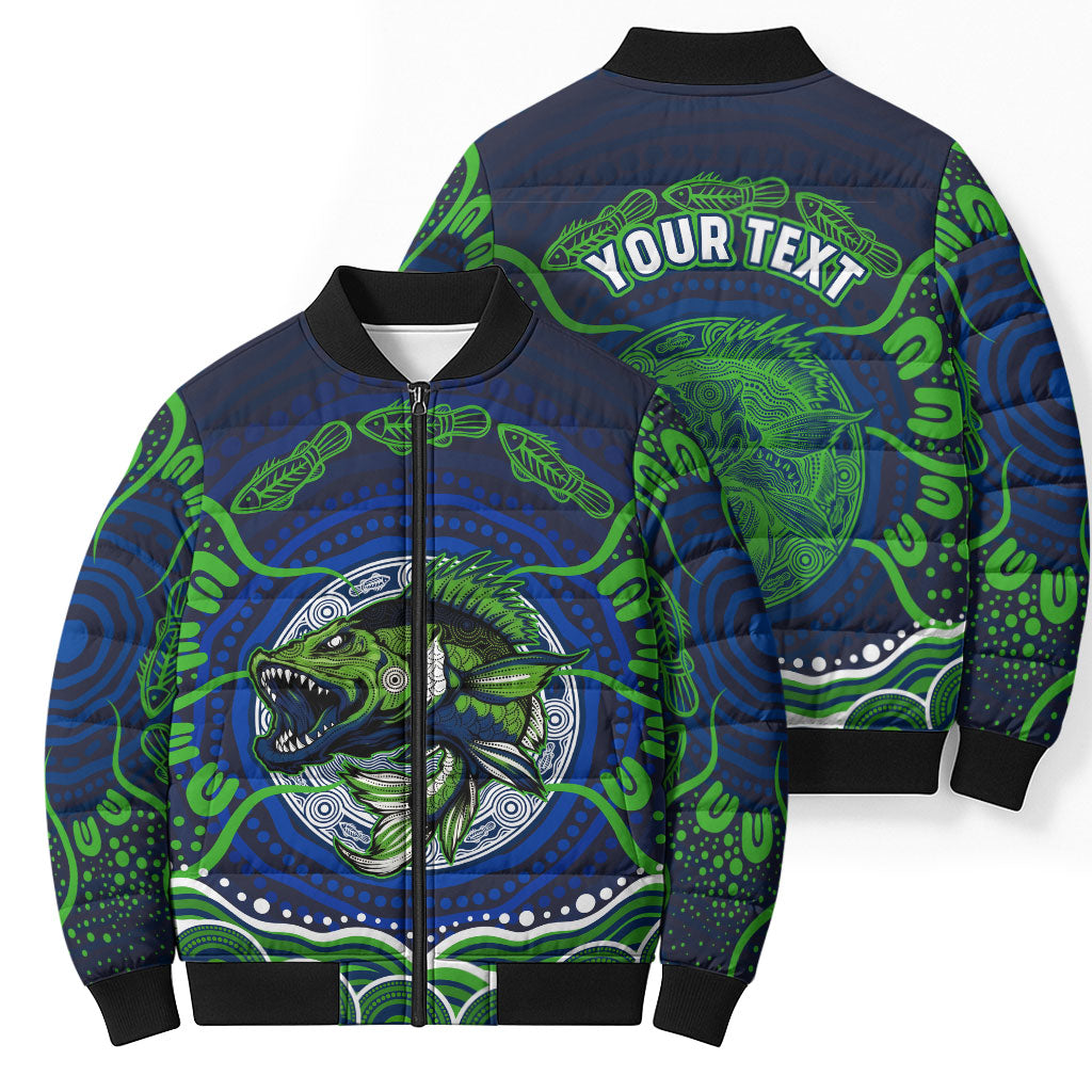 Personalised Barramundi Fishing Bomber Puffer Jacket Aboriginal Dot Art Fierce Fish