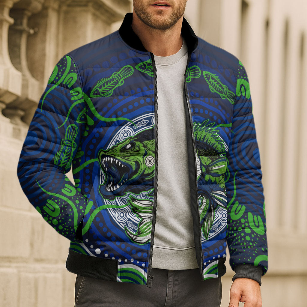 Personalised Barramundi Fishing Bomber Puffer Jacket Aboriginal Dot Art Fierce Fish