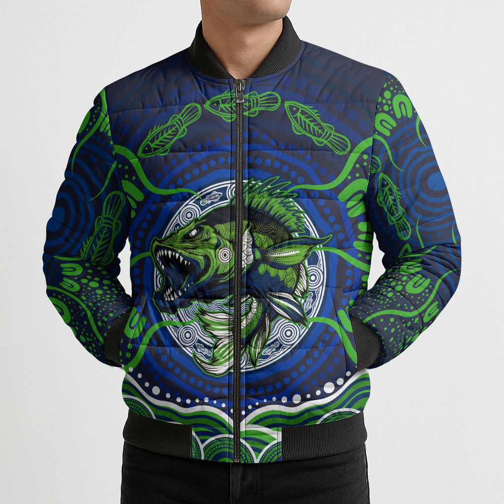 Personalised Barramundi Fishing Bomber Puffer Jacket Aboriginal Dot Art Fierce Fish