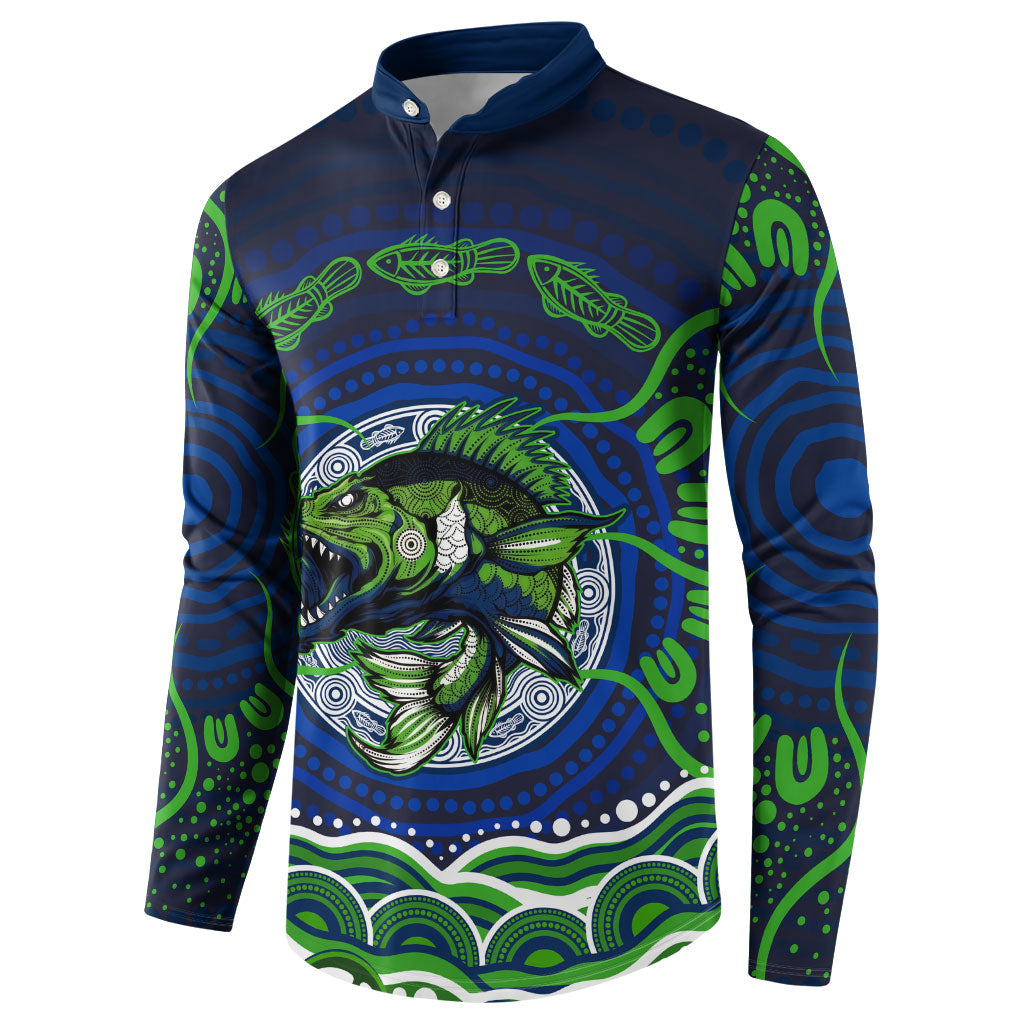 Personalised Barramundi Fishing Button Sweatshirt Aboriginal Dot Art Fierce Fish