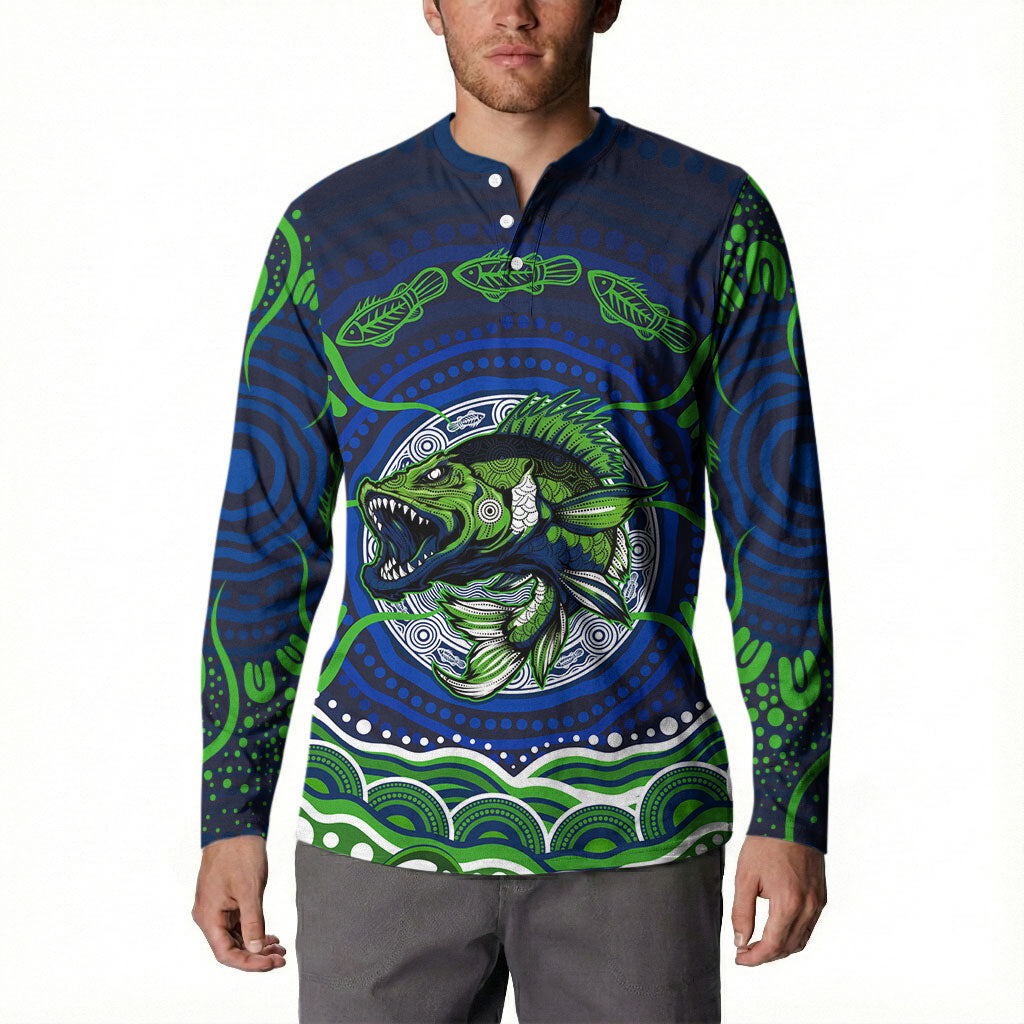 Personalised Barramundi Fishing Button Sweatshirt Aboriginal Dot Art Fierce Fish