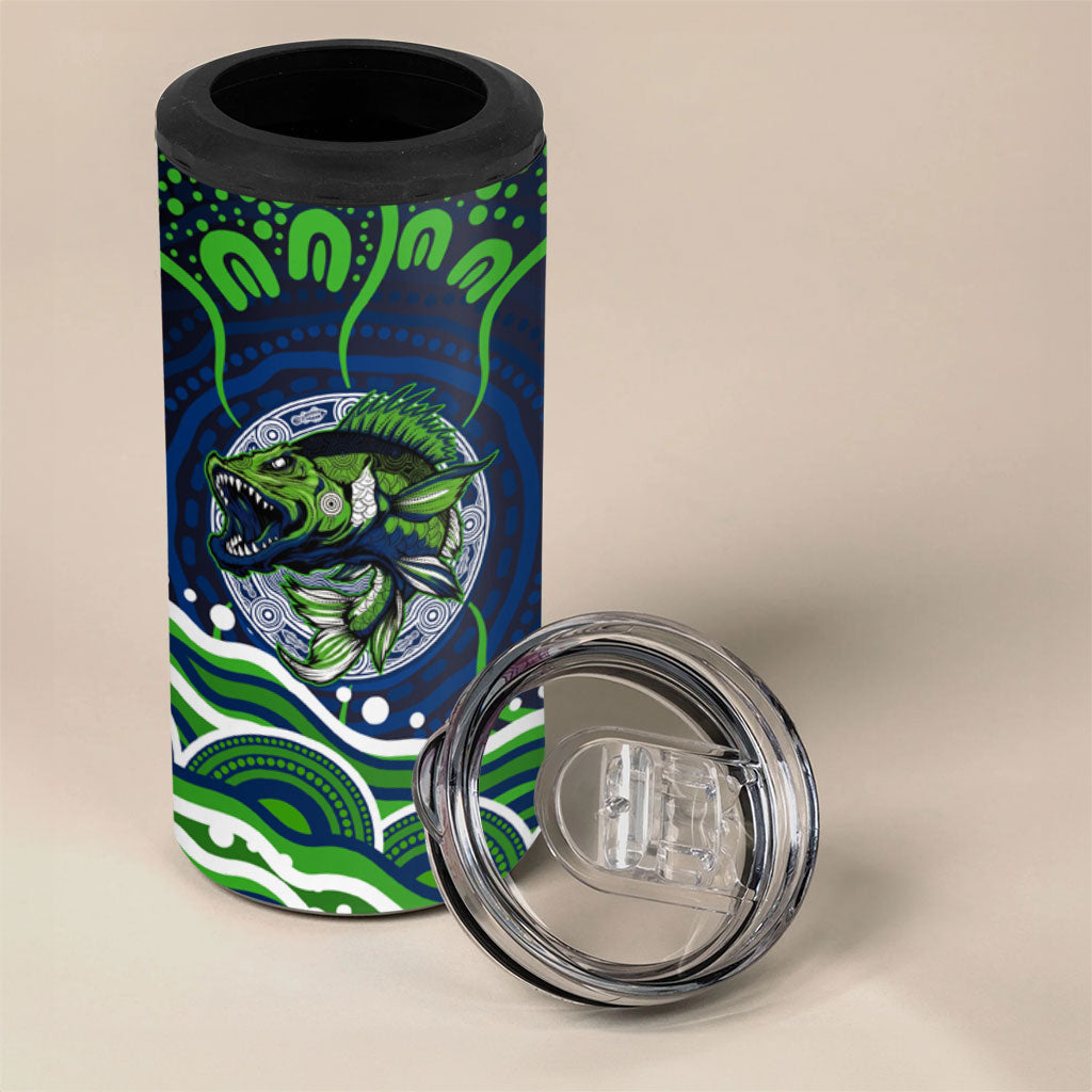 Personalised Barramundi Fishing 4 in 1 Can Cooler Tumbler Aboriginal Dot Art Fierce Fish