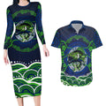 Personalised Barramundi Fishing Couples Matching Long Sleeve Bodycon Dress and Hawaiian Shirt Aboriginal Dot Art Fierce Fish