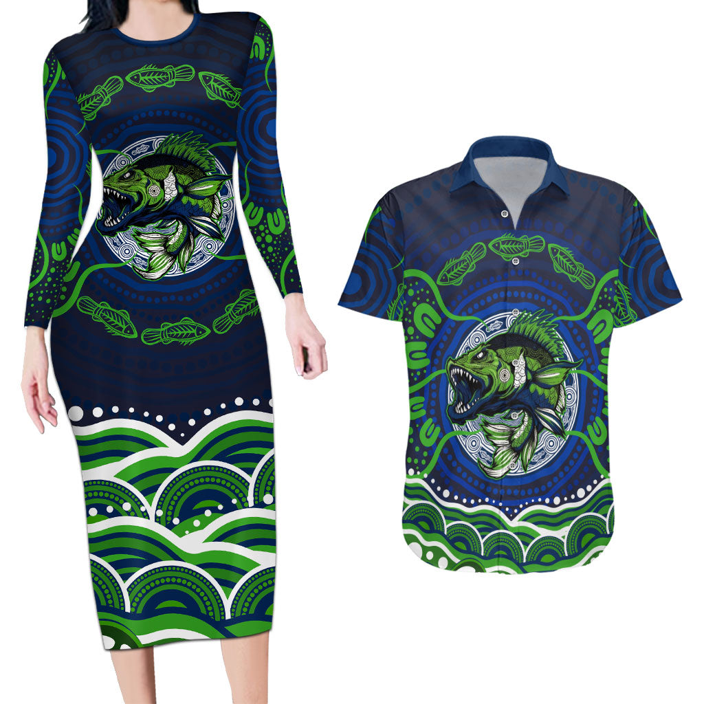 Personalised Barramundi Fishing Couples Matching Long Sleeve Bodycon Dress and Hawaiian Shirt Aboriginal Dot Art Fierce Fish
