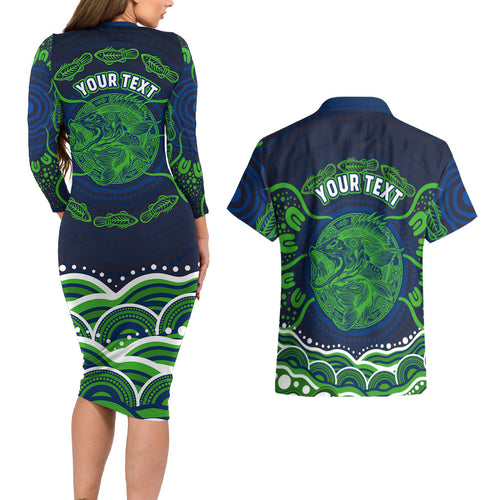 Personalised Barramundi Fishing Couples Matching Long Sleeve Bodycon Dress and Hawaiian Shirt Aboriginal Dot Art Fierce Fish