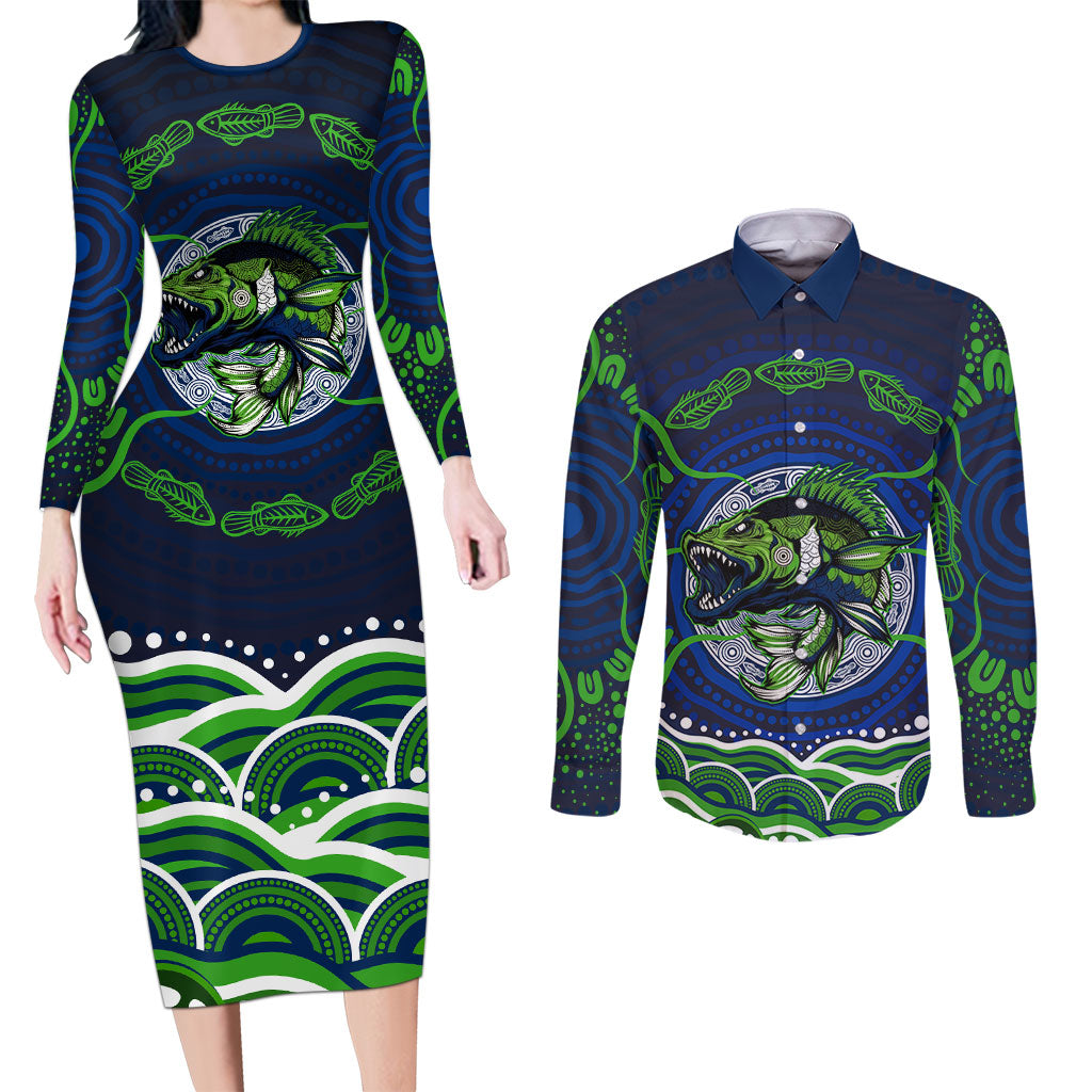 Personalised Barramundi Fishing Couples Matching Long Sleeve Bodycon Dress and Long Sleeve Button Shirt Aboriginal Dot Art Fierce Fish