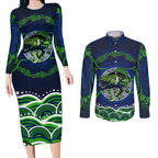 Personalised Barramundi Fishing Couples Matching Long Sleeve Bodycon Dress and Long Sleeve Button Shirt Aboriginal Dot Art Fierce Fish
