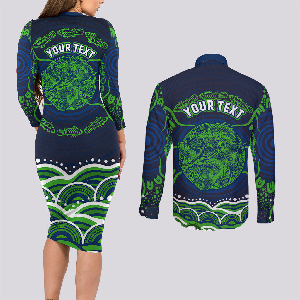 Personalised Barramundi Fishing Couples Matching Long Sleeve Bodycon Dress and Long Sleeve Button Shirt Aboriginal Dot Art Fierce Fish