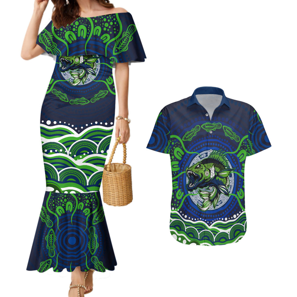 Personalised Barramundi Fishing Couples Matching Mermaid Dress and Hawaiian Shirt Aboriginal Dot Art Fierce Fish