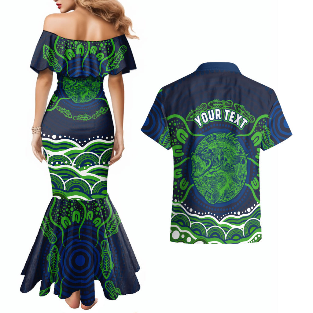 Personalised Barramundi Fishing Couples Matching Mermaid Dress and Hawaiian Shirt Aboriginal Dot Art Fierce Fish