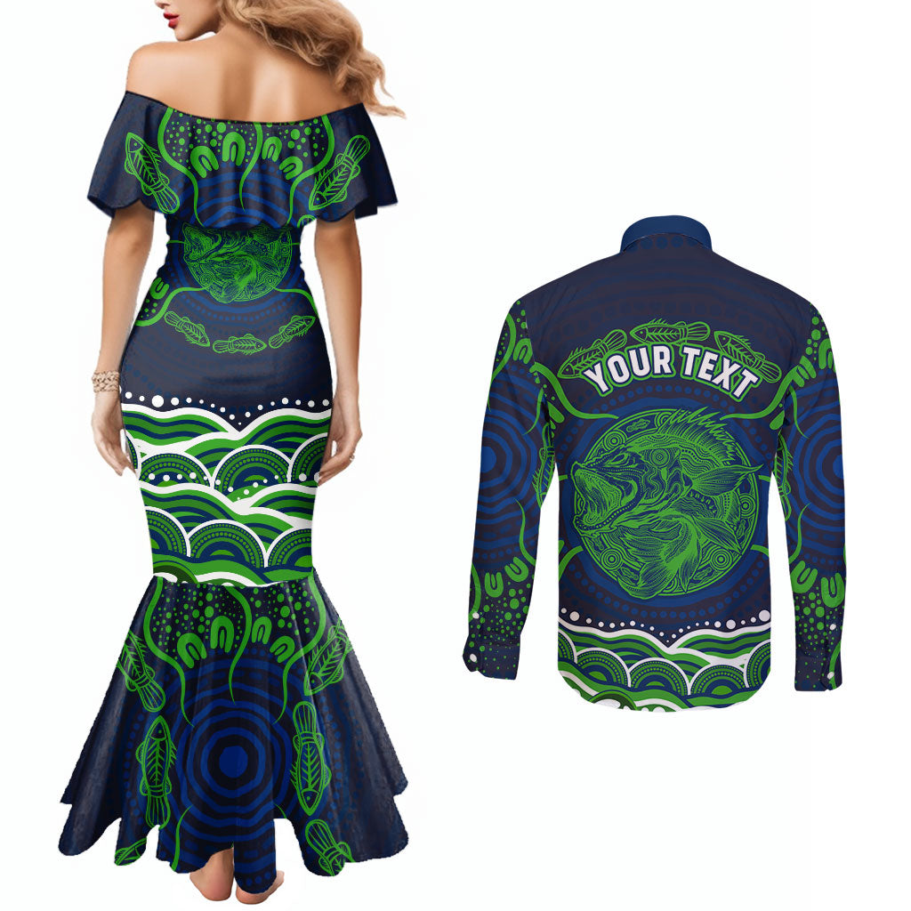 Personalised Barramundi Fishing Couples Matching Mermaid Dress and Long Sleeve Button Shirt Aboriginal Dot Art Fierce Fish