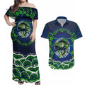 Personalised Barramundi Fishing Couples Matching Off Shoulder Maxi Dress and Hawaiian Shirt Aboriginal Dot Art Fierce Fish