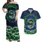 Personalised Barramundi Fishing Couples Matching Off Shoulder Maxi Dress and Hawaiian Shirt Aboriginal Dot Art Fierce Fish