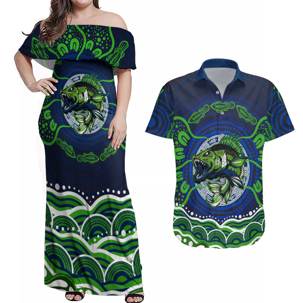 Personalised Barramundi Fishing Couples Matching Off Shoulder Maxi Dress and Hawaiian Shirt Aboriginal Dot Art Fierce Fish