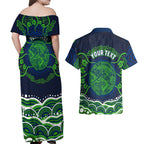 Personalised Barramundi Fishing Couples Matching Off Shoulder Maxi Dress and Hawaiian Shirt Aboriginal Dot Art Fierce Fish