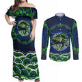 Personalised Barramundi Fishing Couples Matching Off Shoulder Maxi Dress and Long Sleeve Button Shirt Aboriginal Dot Art Fierce Fish