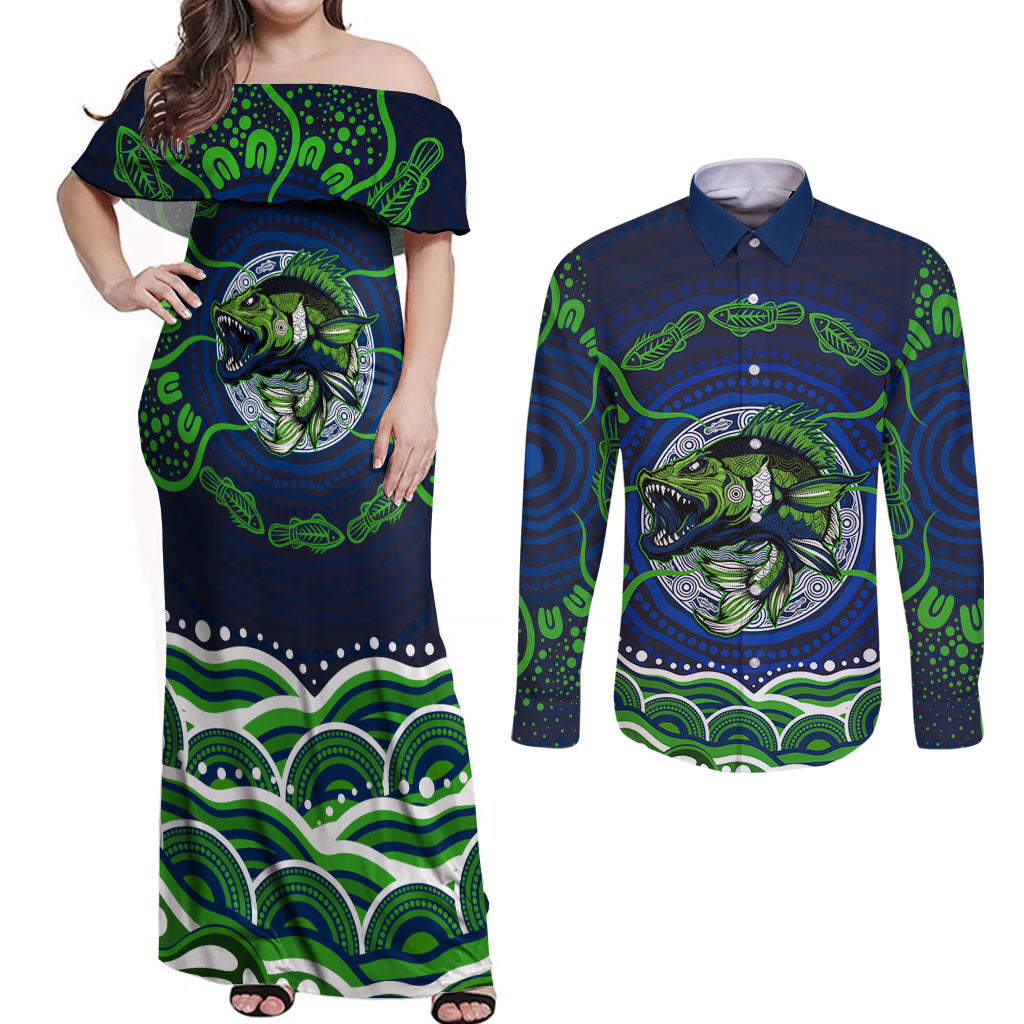 Personalised Barramundi Fishing Couples Matching Off Shoulder Maxi Dress and Long Sleeve Button Shirt Aboriginal Dot Art Fierce Fish
