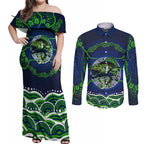 Personalised Barramundi Fishing Couples Matching Off Shoulder Maxi Dress and Long Sleeve Button Shirt Aboriginal Dot Art Fierce Fish
