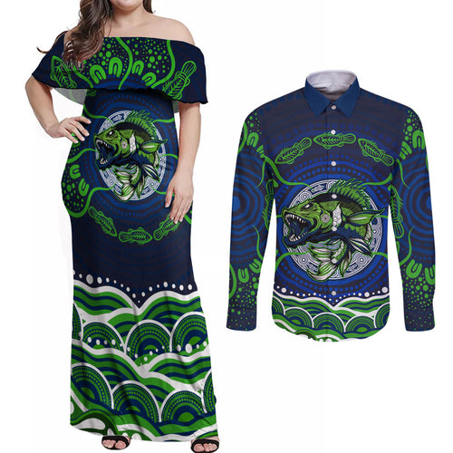 Personalised Barramundi Fishing Couples Matching Off Shoulder Maxi Dress and Long Sleeve Button Shirt Aboriginal Dot Art Fierce Fish