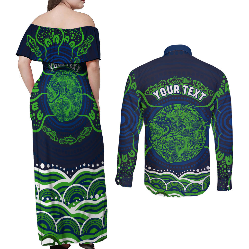 Personalised Barramundi Fishing Couples Matching Off Shoulder Maxi Dress and Long Sleeve Button Shirt Aboriginal Dot Art Fierce Fish