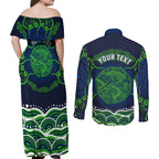 Personalised Barramundi Fishing Couples Matching Off Shoulder Maxi Dress and Long Sleeve Button Shirt Aboriginal Dot Art Fierce Fish