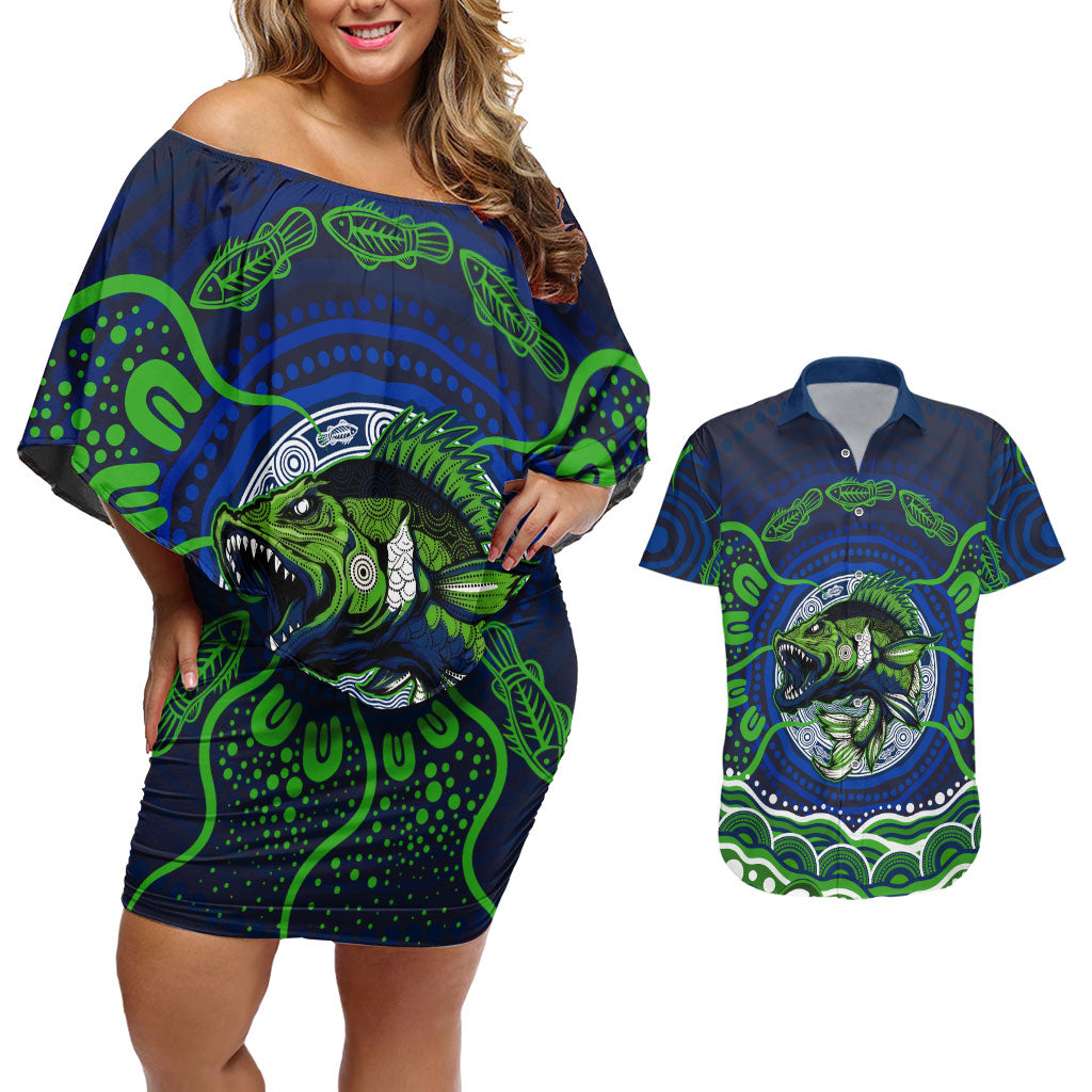 Personalised Barramundi Fishing Couples Matching Off Shoulder Short Dress and Hawaiian Shirt Aboriginal Dot Art Fierce Fish