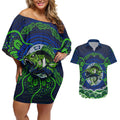 Personalised Barramundi Fishing Couples Matching Off Shoulder Short Dress and Hawaiian Shirt Aboriginal Dot Art Fierce Fish