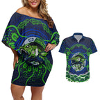 Personalised Barramundi Fishing Couples Matching Off Shoulder Short Dress and Hawaiian Shirt Aboriginal Dot Art Fierce Fish