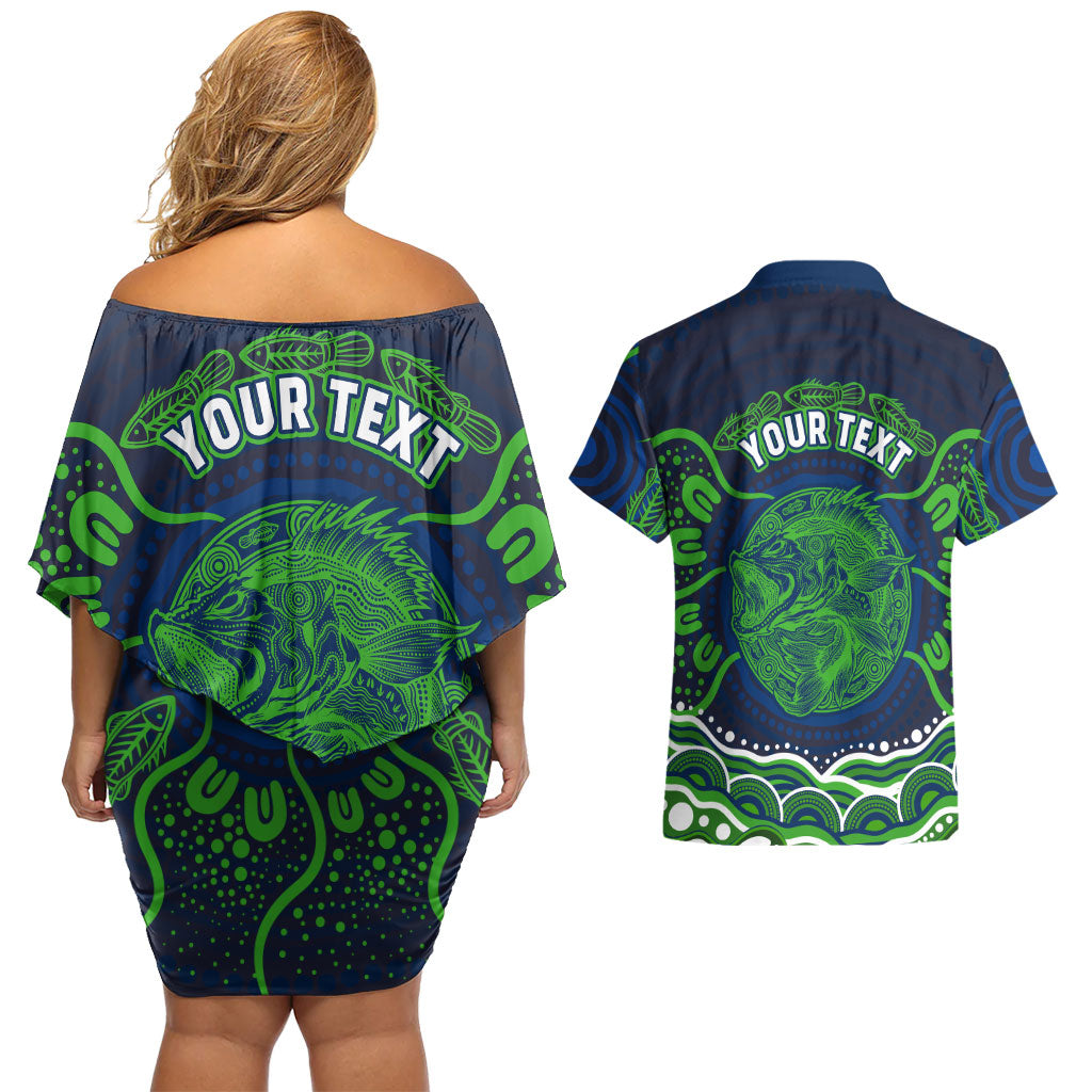 Personalised Barramundi Fishing Couples Matching Off Shoulder Short Dress and Hawaiian Shirt Aboriginal Dot Art Fierce Fish