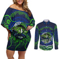Personalised Barramundi Fishing Couples Matching Off Shoulder Short Dress and Long Sleeve Button Shirt Aboriginal Dot Art Fierce Fish