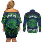 Personalised Barramundi Fishing Couples Matching Off Shoulder Short Dress and Long Sleeve Button Shirt Aboriginal Dot Art Fierce Fish