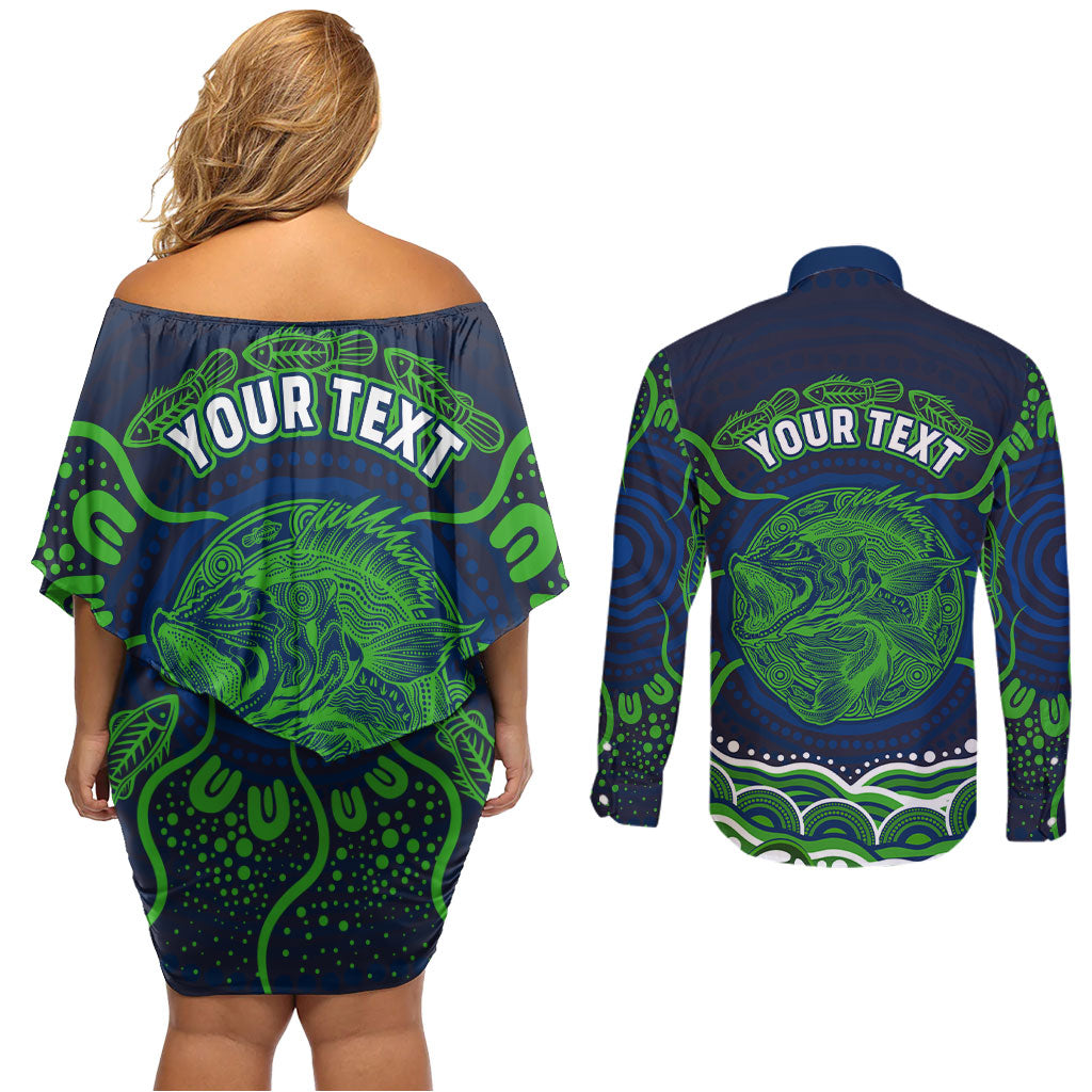 Personalised Barramundi Fishing Couples Matching Off Shoulder Short Dress and Long Sleeve Button Shirt Aboriginal Dot Art Fierce Fish