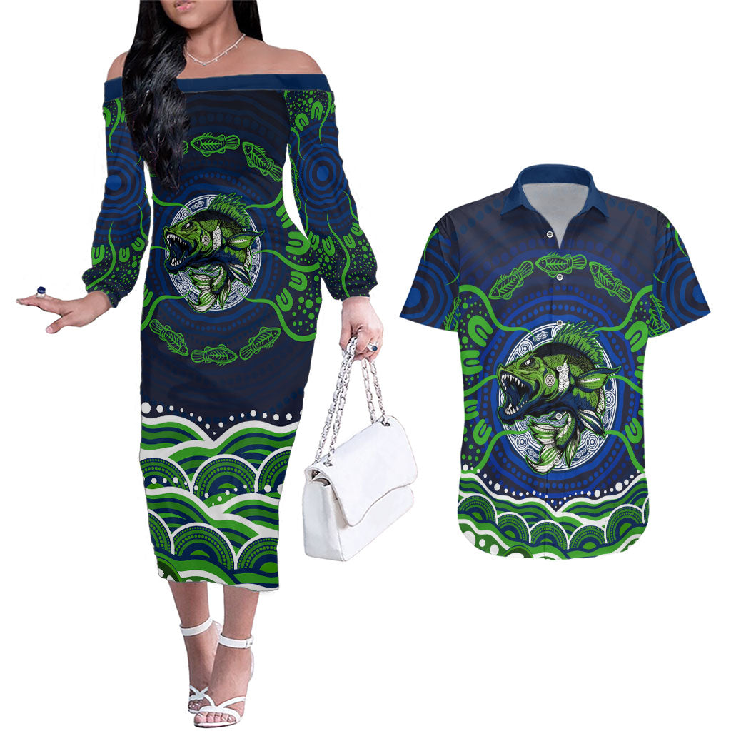 Personalised Barramundi Fishing Couples Matching Off The Shoulder Long Sleeve Dress and Hawaiian Shirt Aboriginal Dot Art Fierce Fish