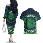 Personalised Barramundi Fishing Couples Matching Off The Shoulder Long Sleeve Dress and Hawaiian Shirt Aboriginal Dot Art Fierce Fish