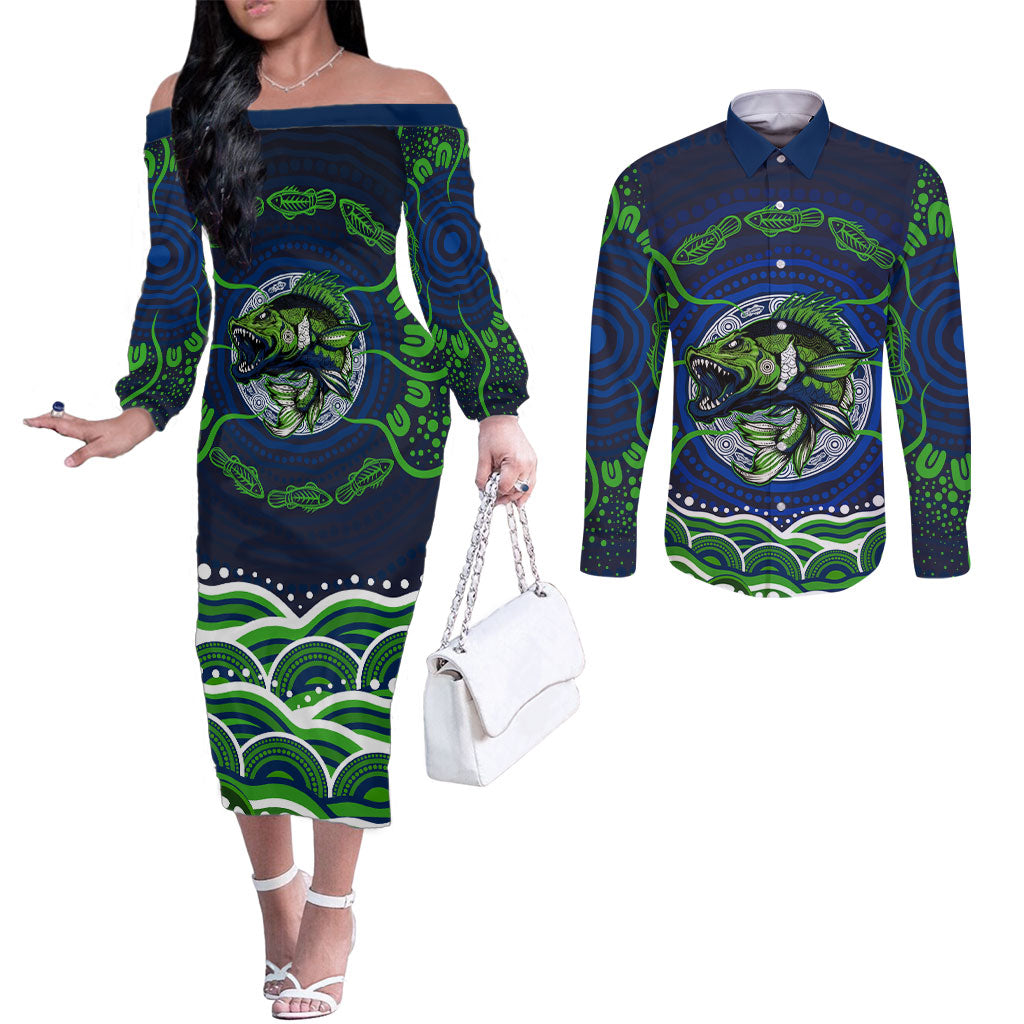 Personalised Barramundi Fishing Couples Matching Off The Shoulder Long Sleeve Dress and Long Sleeve Button Shirt Aboriginal Dot Art Fierce Fish
