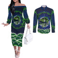 Personalised Barramundi Fishing Couples Matching Off The Shoulder Long Sleeve Dress and Long Sleeve Button Shirt Aboriginal Dot Art Fierce Fish