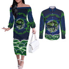 Personalised Barramundi Fishing Couples Matching Off The Shoulder Long Sleeve Dress and Long Sleeve Button Shirt Aboriginal Dot Art Fierce Fish