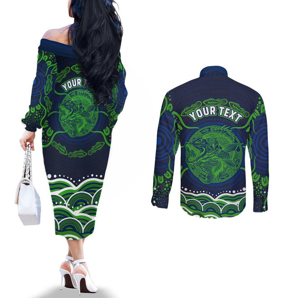 Personalised Barramundi Fishing Couples Matching Off The Shoulder Long Sleeve Dress and Long Sleeve Button Shirt Aboriginal Dot Art Fierce Fish