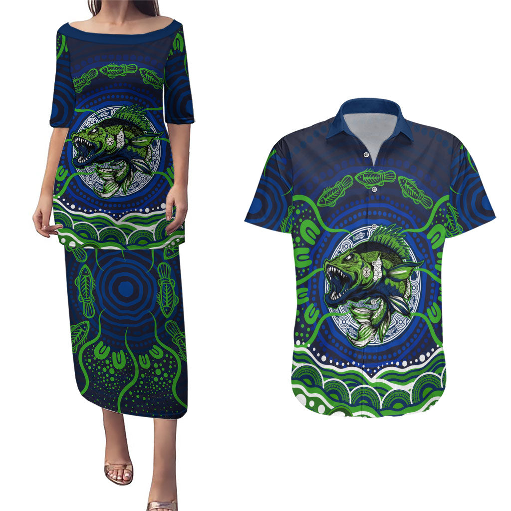 Personalised Barramundi Fishing Couples Matching Puletasi and Hawaiian Shirt Aboriginal Dot Art Fierce Fish
