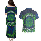 Personalised Barramundi Fishing Couples Matching Puletasi and Hawaiian Shirt Aboriginal Dot Art Fierce Fish