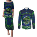 Personalised Barramundi Fishing Couples Matching Puletasi and Long Sleeve Button Shirt Aboriginal Dot Art Fierce Fish