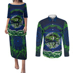 Personalised Barramundi Fishing Couples Matching Puletasi and Long Sleeve Button Shirt Aboriginal Dot Art Fierce Fish