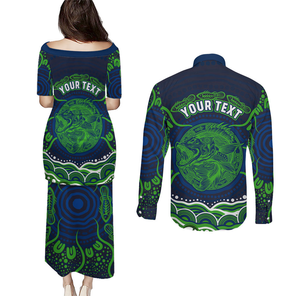 Personalised Barramundi Fishing Couples Matching Puletasi and Long Sleeve Button Shirt Aboriginal Dot Art Fierce Fish