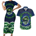 Personalised Barramundi Fishing Couples Matching Short Sleeve Bodycon Dress and Hawaiian Shirt Aboriginal Dot Art Fierce Fish
