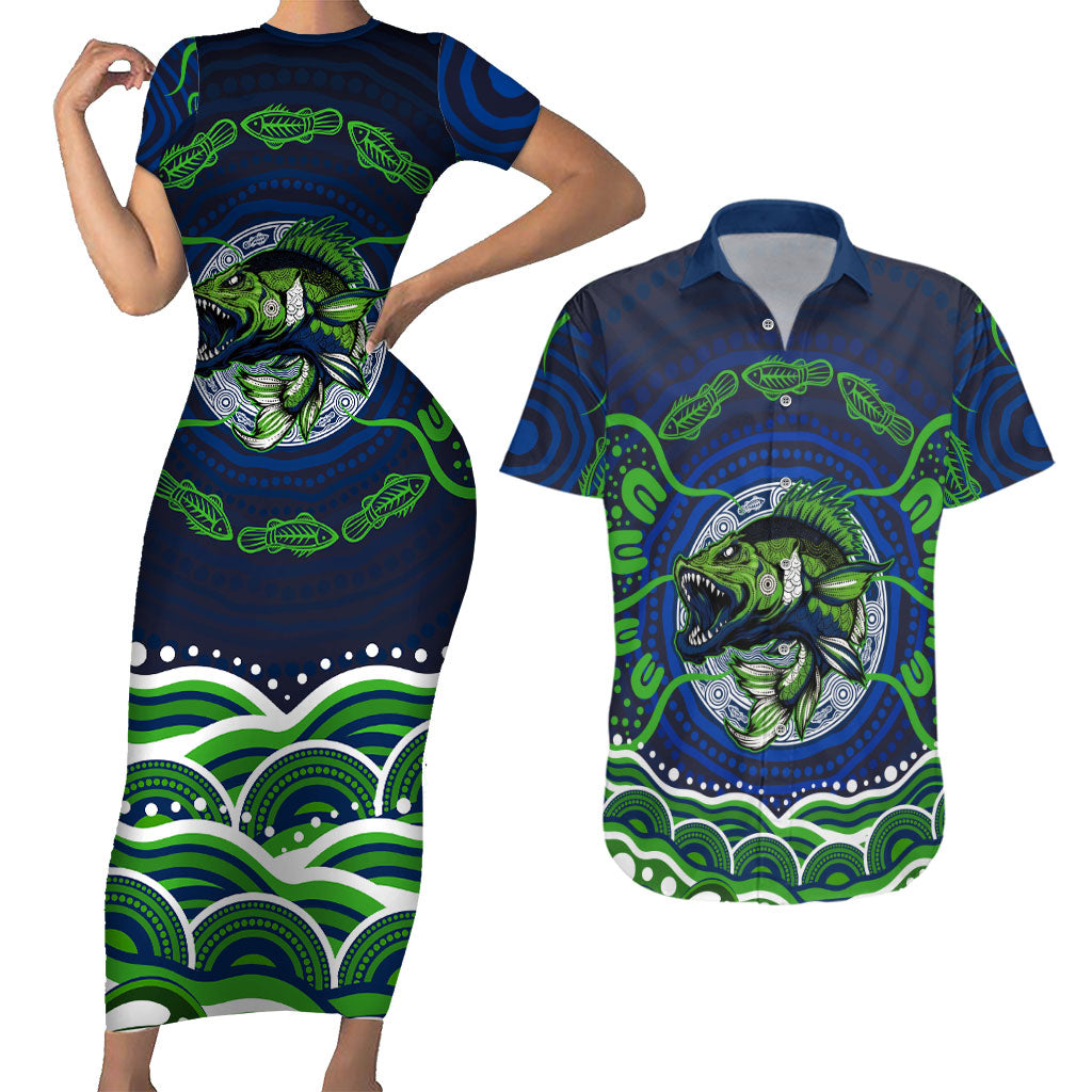 Personalised Barramundi Fishing Couples Matching Short Sleeve Bodycon Dress and Hawaiian Shirt Aboriginal Dot Art Fierce Fish