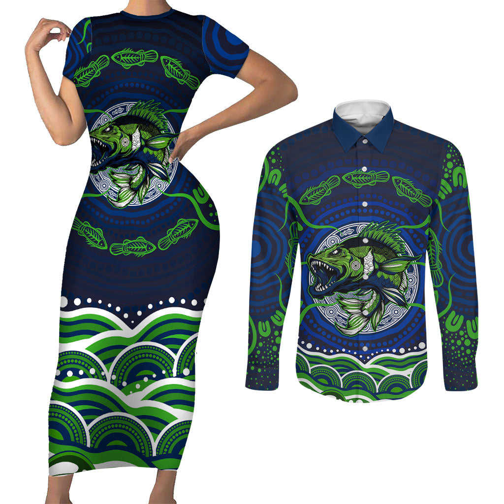 Personalised Barramundi Fishing Couples Matching Short Sleeve Bodycon Dress and Long Sleeve Button Shirt Aboriginal Dot Art Fierce Fish