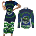 Personalised Barramundi Fishing Couples Matching Short Sleeve Bodycon Dress and Long Sleeve Button Shirt Aboriginal Dot Art Fierce Fish